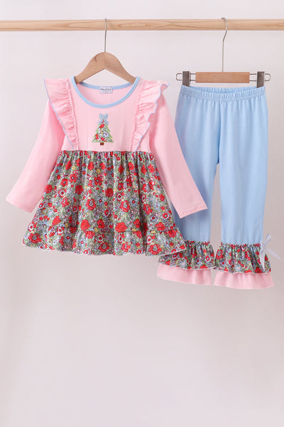 Pink christmas tree applique ruffle dress set