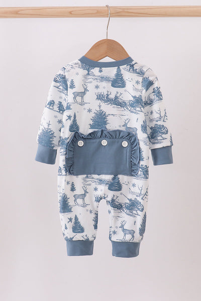 Blue christmas reindeer tree ruffle romper
