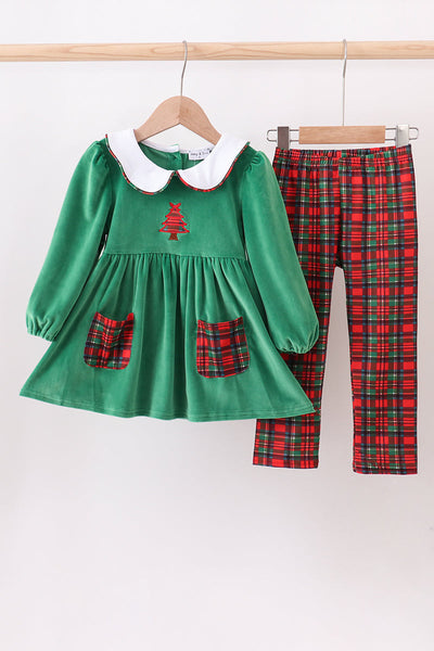 Green christmas tree applique velvet pants set