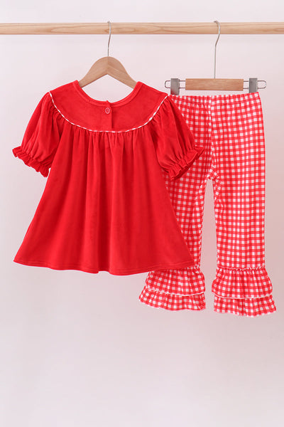Red bow embroidery velvet ruffle pants set