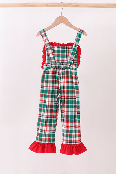 Green plaid ruffle jumpsuit