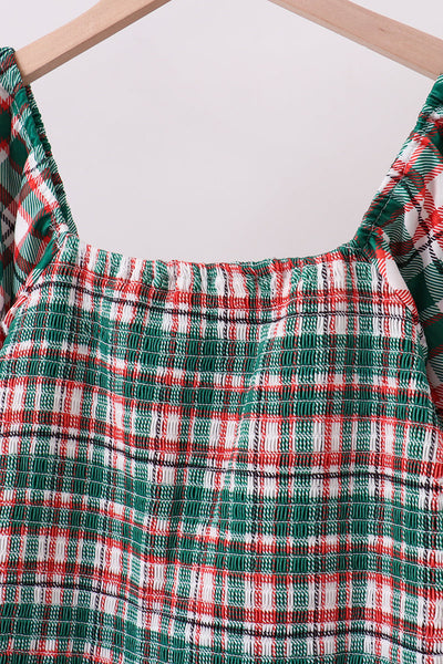 Green plaid smocked mom dress