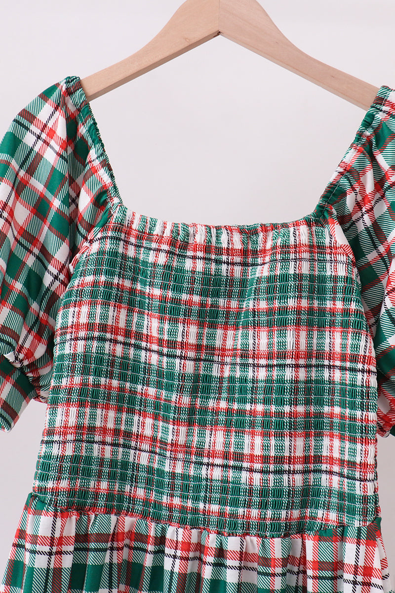 Green plaid smocked mom dress