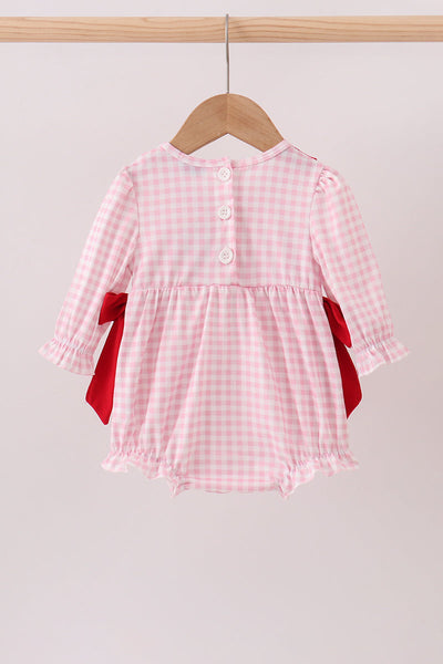 Pink bow embroidery gingham ruffle bubble