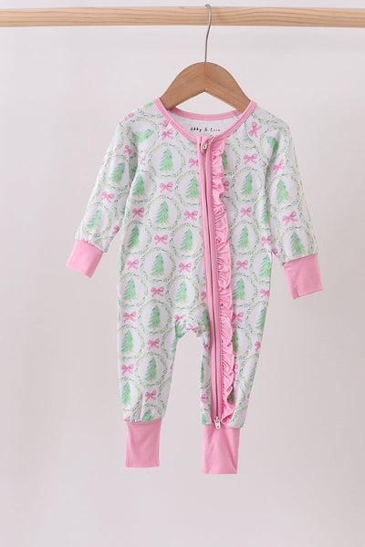 Green christmas tree bamboo zipper ruffle romper
