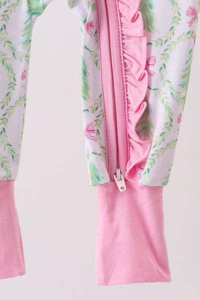 Green christmas tree bamboo zipper ruffle romper
