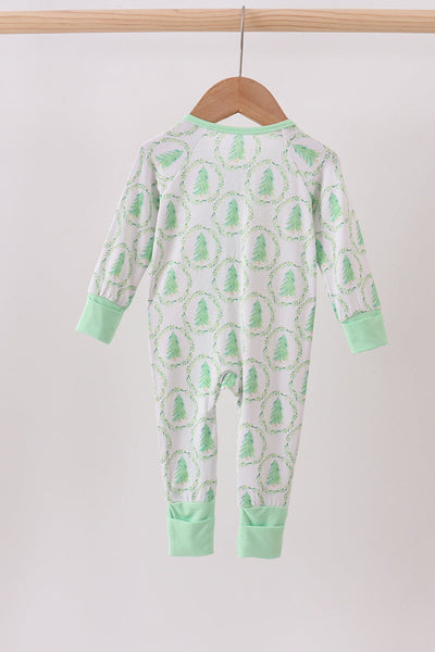 Green christmas tree bamboo zipper romper