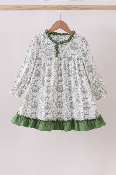 Green christmas tree print ruffle gown