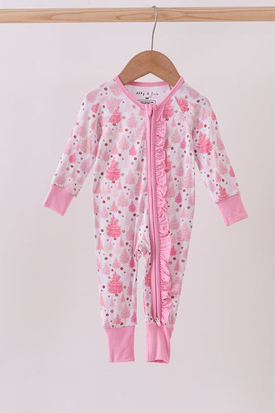 Pink christmas tree bamboo ruffle zipper romper