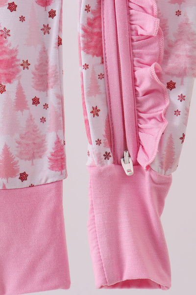 Pink christmas tree bamboo ruffle zipper romper