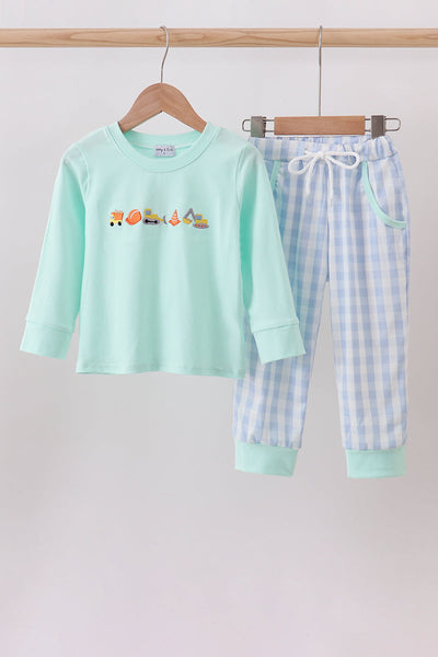 Green vehicle embroidery pants set