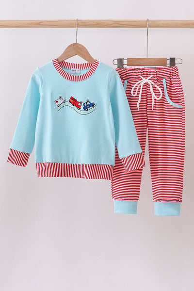 Blue vehicle emboridery pants set