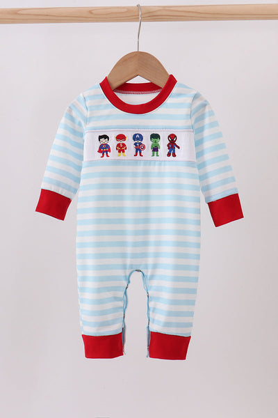 Blue character embroidery stripe romper
