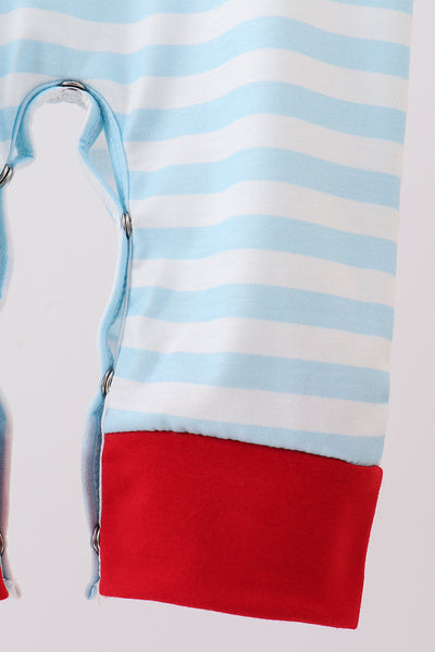 Blue character embroidery stripe romper