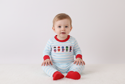 Blue character embroidery stripe romper