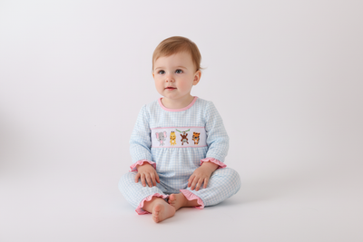 Blue animal smocked ruffle romper