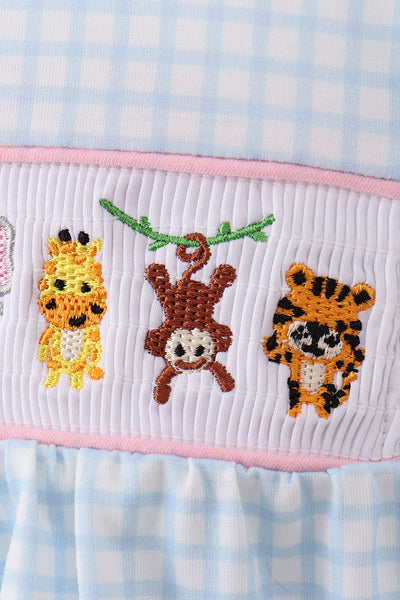 Blue animal smocked ruffle bloomer set