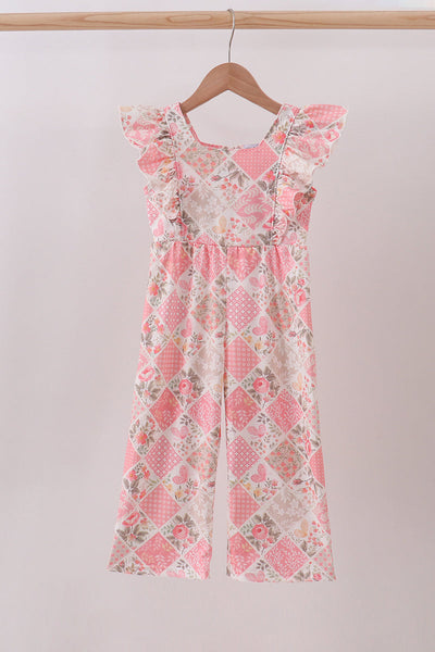 Pink floral checkered ruffle jumpsuit