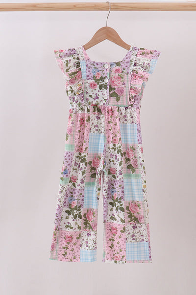 Purple floral checkered ruffle jumpsuit