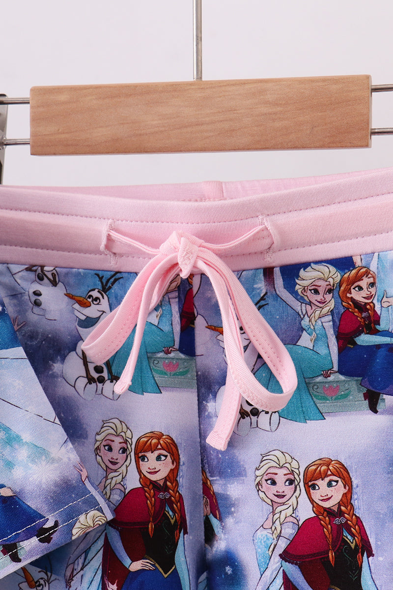 Blue frozen print bamboo shorts set