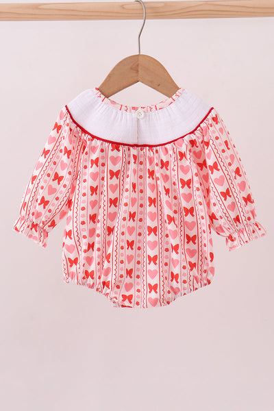Red heart bow smocked bubble