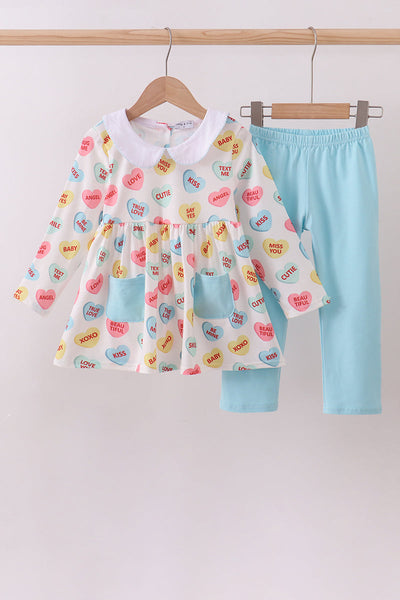 Blue heart print pocket pants set