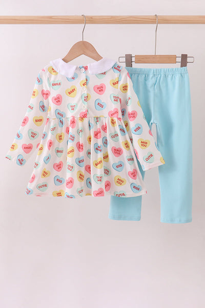 Blue heart print pocket pants set