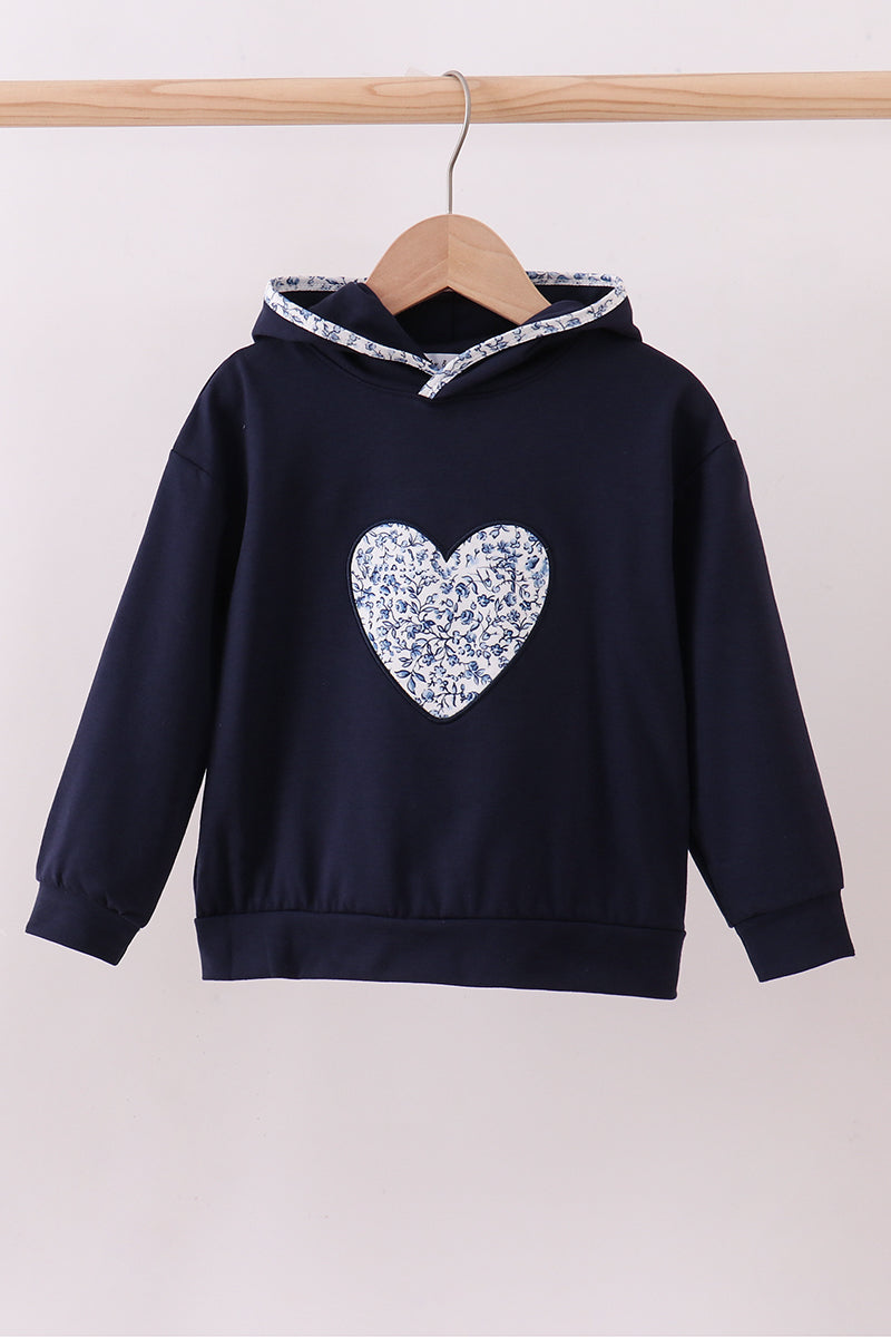 Navy heart floral applique hoodie