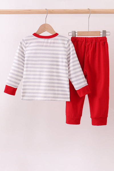 Red stripe construction embroidery pants set