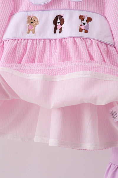 Pink puppy embroidery seersucker ruffle pants set