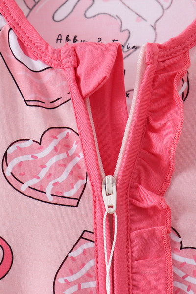 Pink heart print bamboo pajama ruffle zipper romper