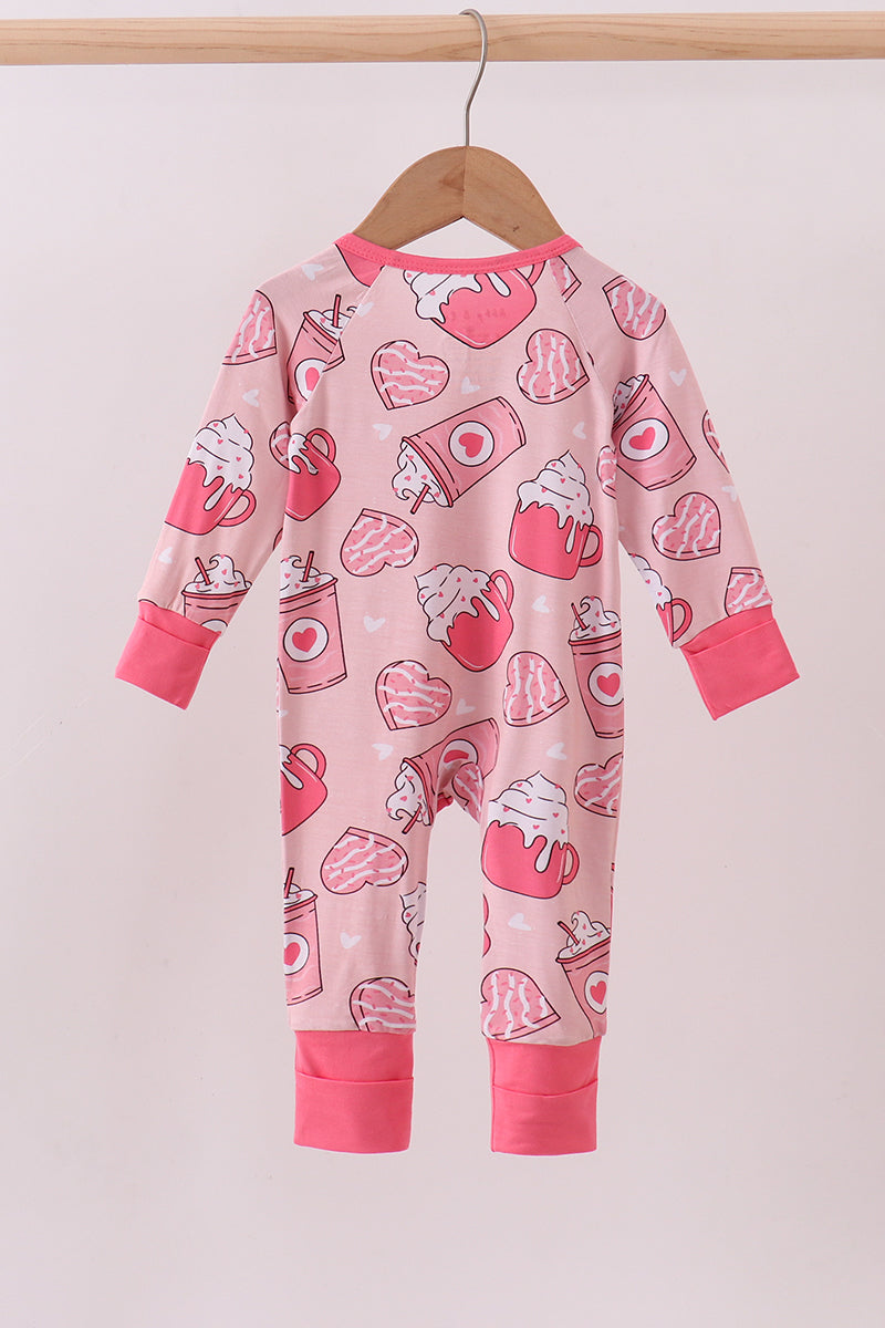 Pink heart print bamboo pajama ruffle zipper romper