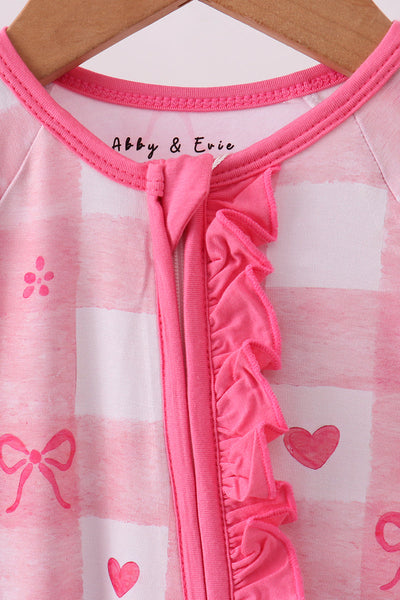 Pink heart checkered bamboo ruffle pajama zipper romper