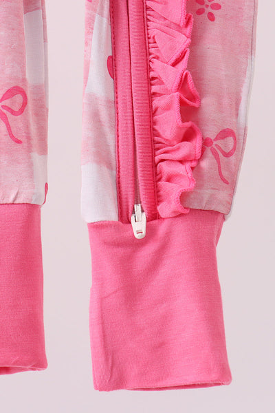Pink heart checkered bamboo ruffle pajama zipper romper