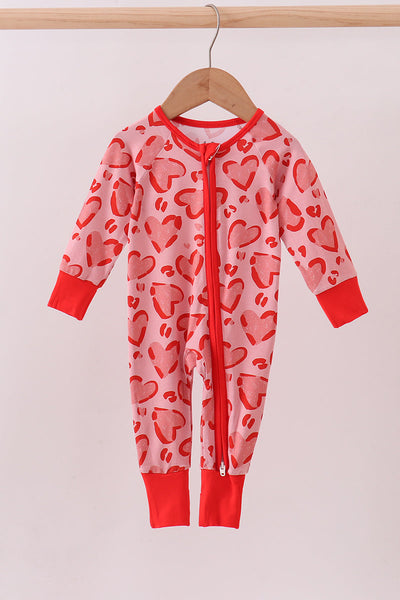 Red heart print bamboo zipper romper