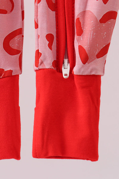 Red heart print bamboo zipper romper