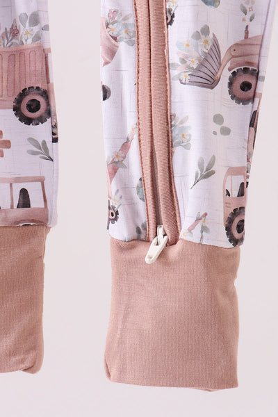 Khaki crane bamboo pajama zipper romper