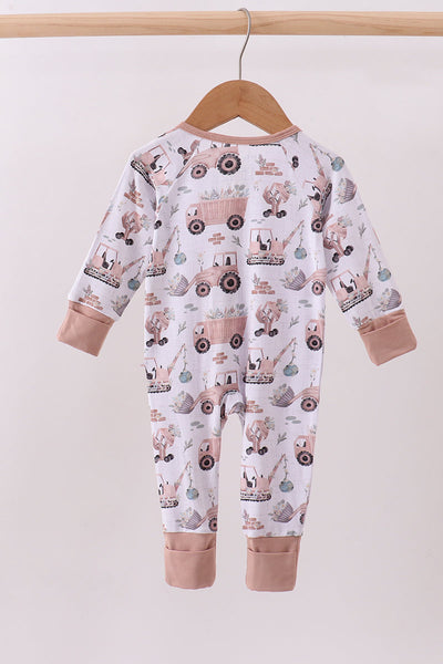 Khaki crane bamboo pajama zipper romper