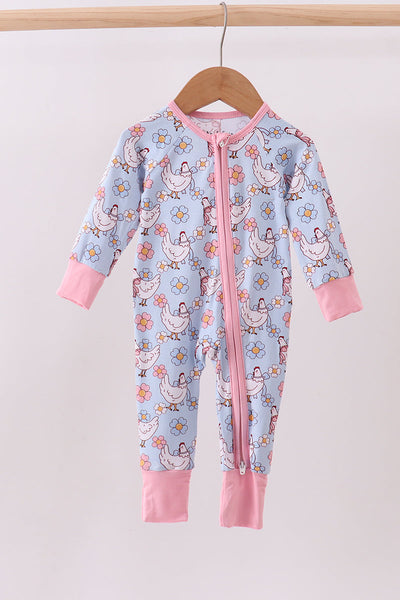 Blue chicken floral print pajama romper