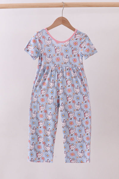 Blue chicken floral print pajama jumpsuit
