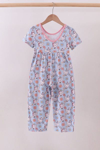 Blue chicken floral print pajama jumpsuit