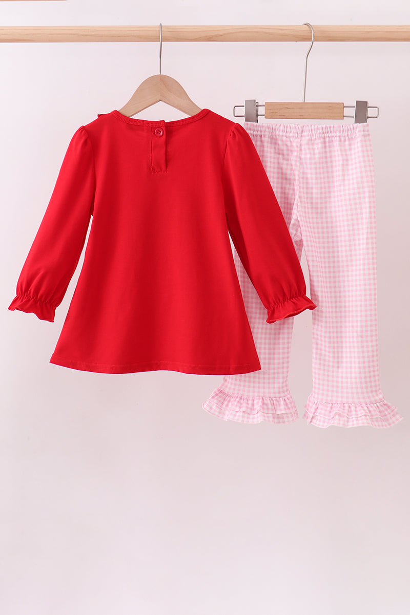 Red heart bow applique ruffle pants set