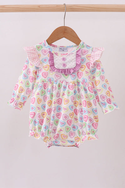 Purple heart print ruffle bubble