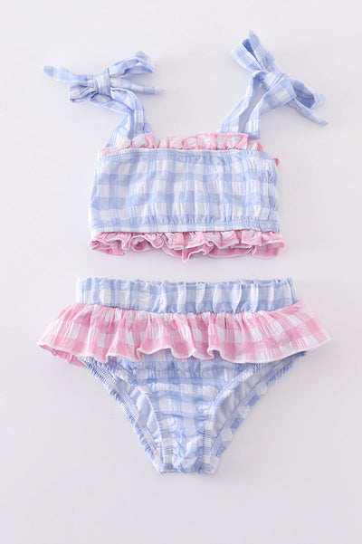 Blue seersucker gingham 2pc swimsuit
